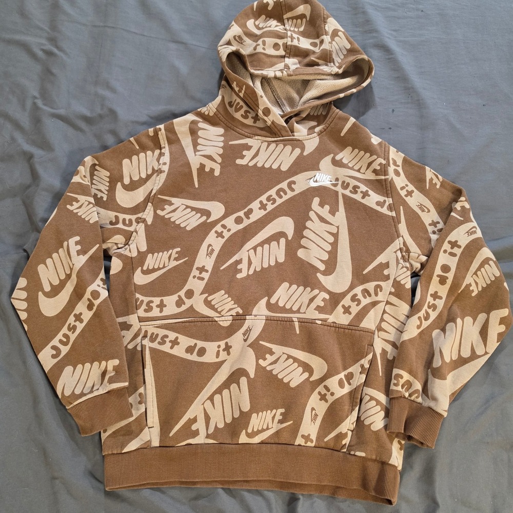 Nike Sportswear All Over Print Hoodie Brown Just Do It Swoosh Pullover Youth XL